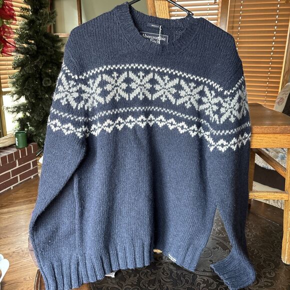 Abercrombie & Fitch Sweater Mens Large Muscle Blue Wool Blend Fair Isle Nordic - Picture 3 of 5